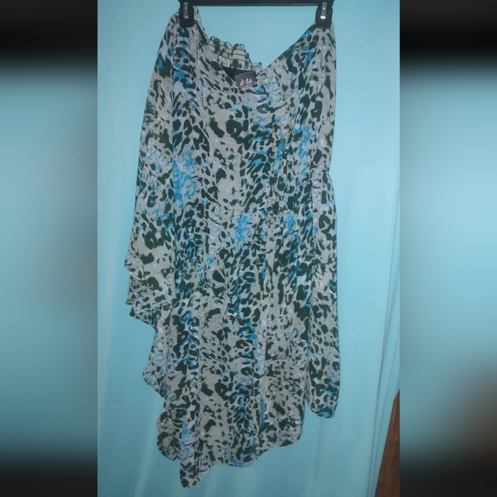 Dots Animal Print Dress 2X One Shoulder Lined Elastic Neckline Festival Boho